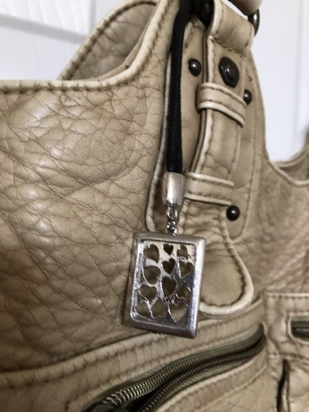 Sparrow True Taupe Studded Shoulder Handbag Purse Heart Charm Large Tote - Picture 4 of 10